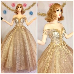 SOLD Gold Floral Embroidered Off Shoulder Gown